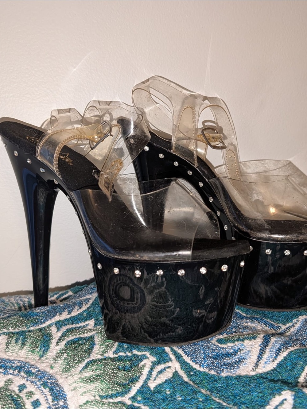 7 in Pleaser Clear Strap Black Platform Heels with Rhinestone Accents